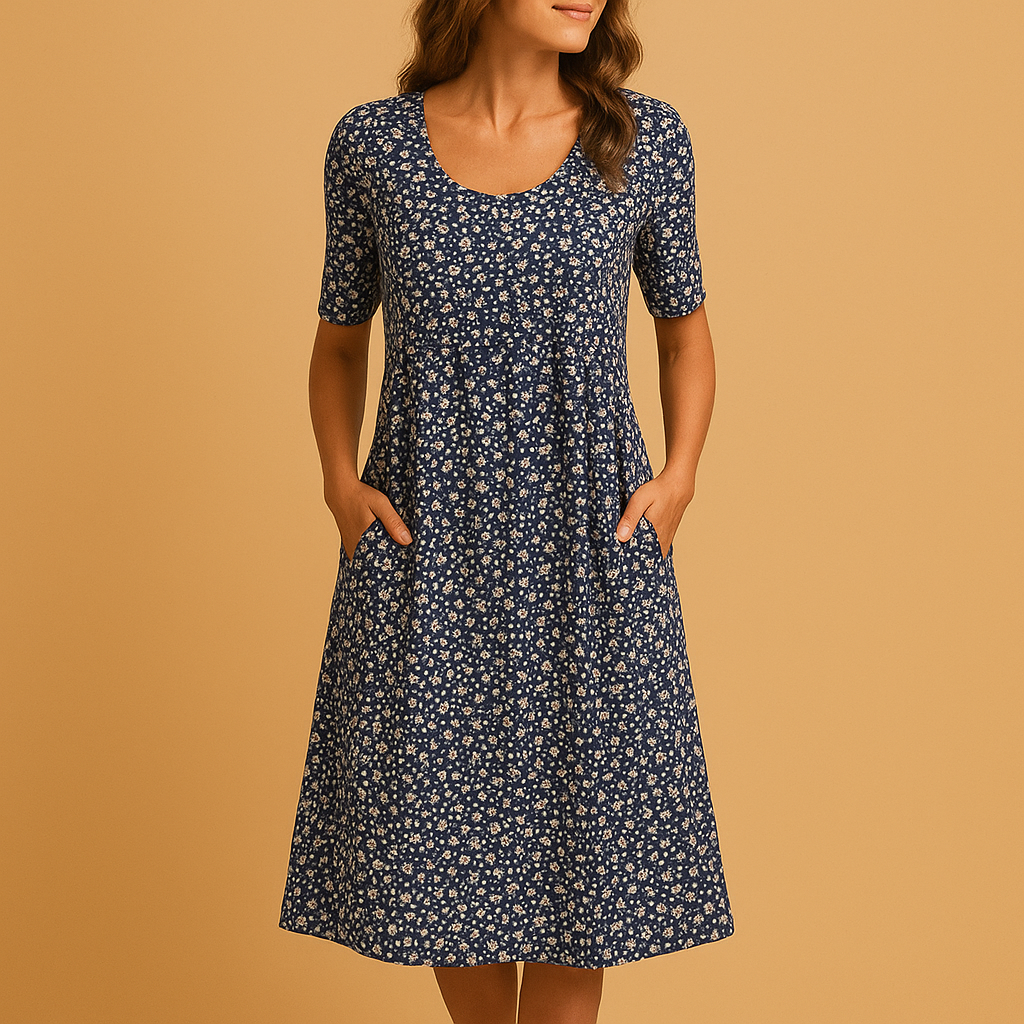 Light cotton women’s dress with elegant floral pattern, perfect for casual outings, brunches, and warm summer days.
