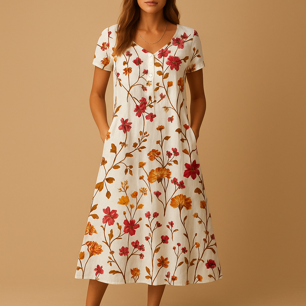 Floral casual dress for women named Isla, featuring a flattering fit, soft fabric, and elegant floral print perfect for daily wear or special occasions.