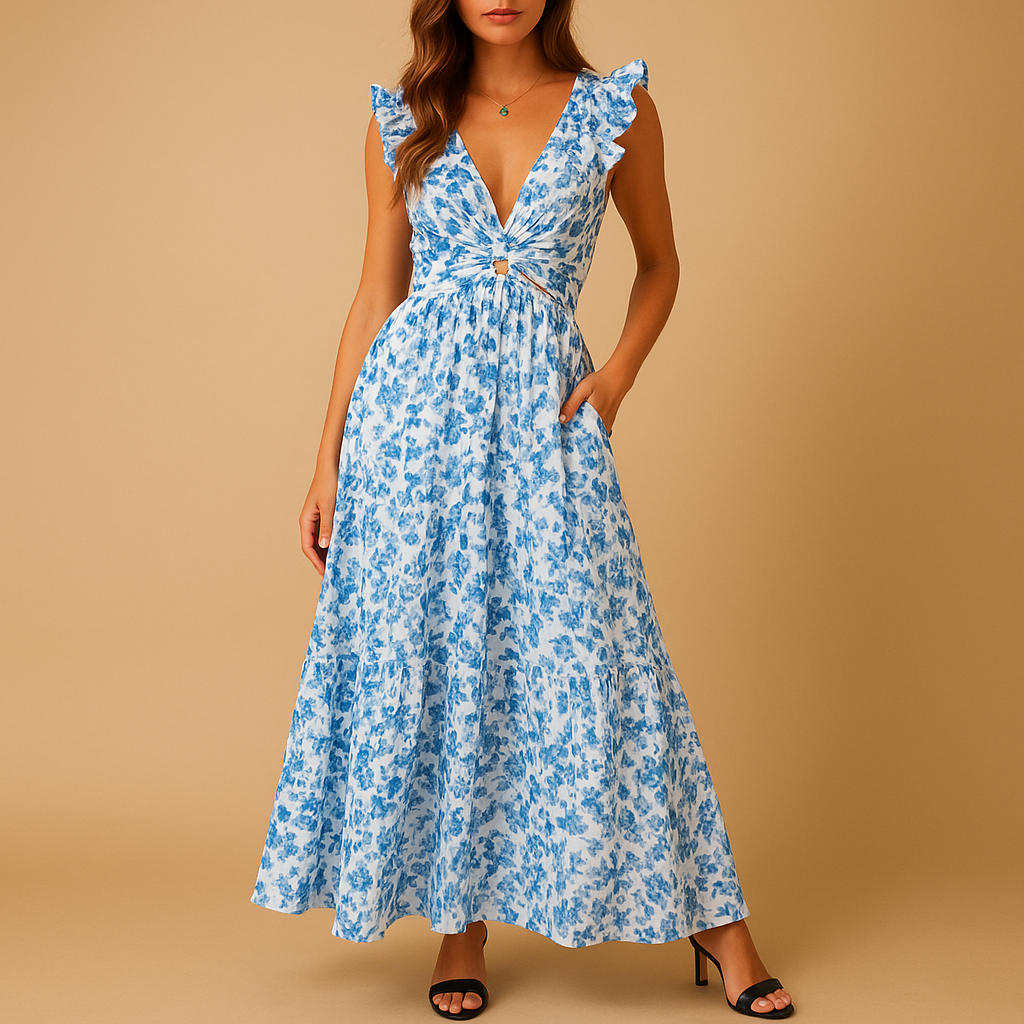 Floral maxi dress for women with ruffles, deep V-neck, high slit, and waist cut-out, perfect for weddings, parties, and summer occasions.