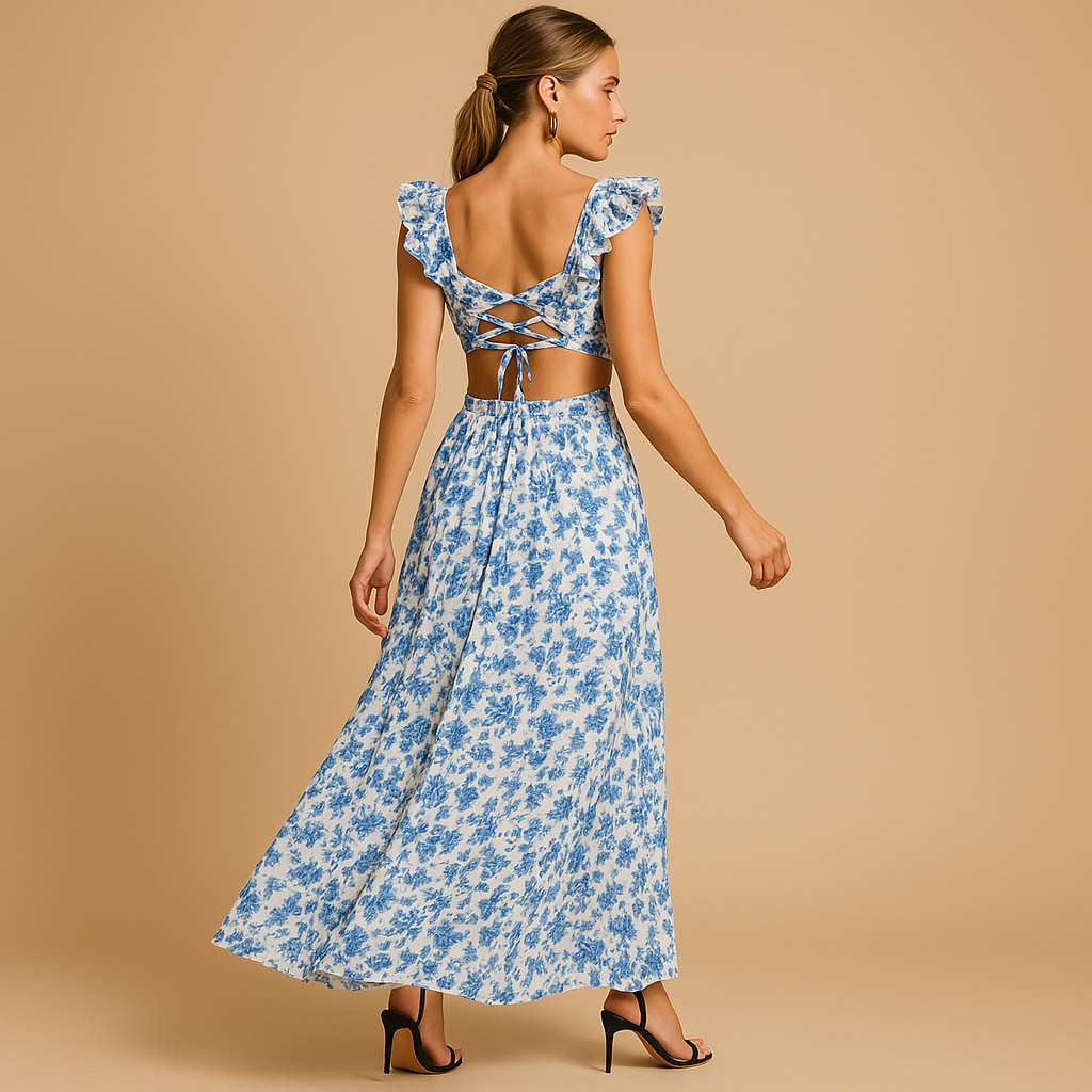 Floral maxi dress for women with ruffles, deep V-neck, high slit, and waist cut-out, perfect for weddings, parties, and summer occasions.