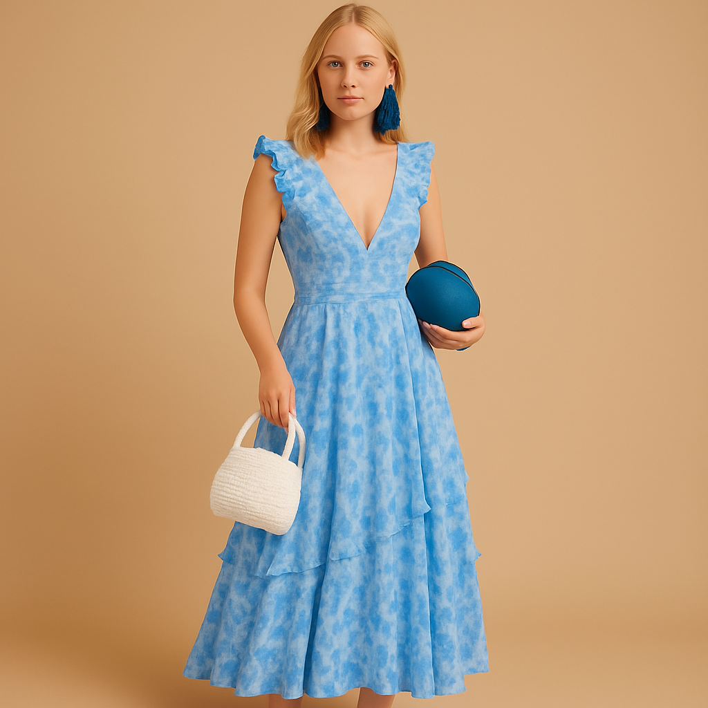 Floral maxi dress for women with ruffles, deep V-neck, high slit, and waist cut-out, perfect for weddings, parties, and summer occasions.