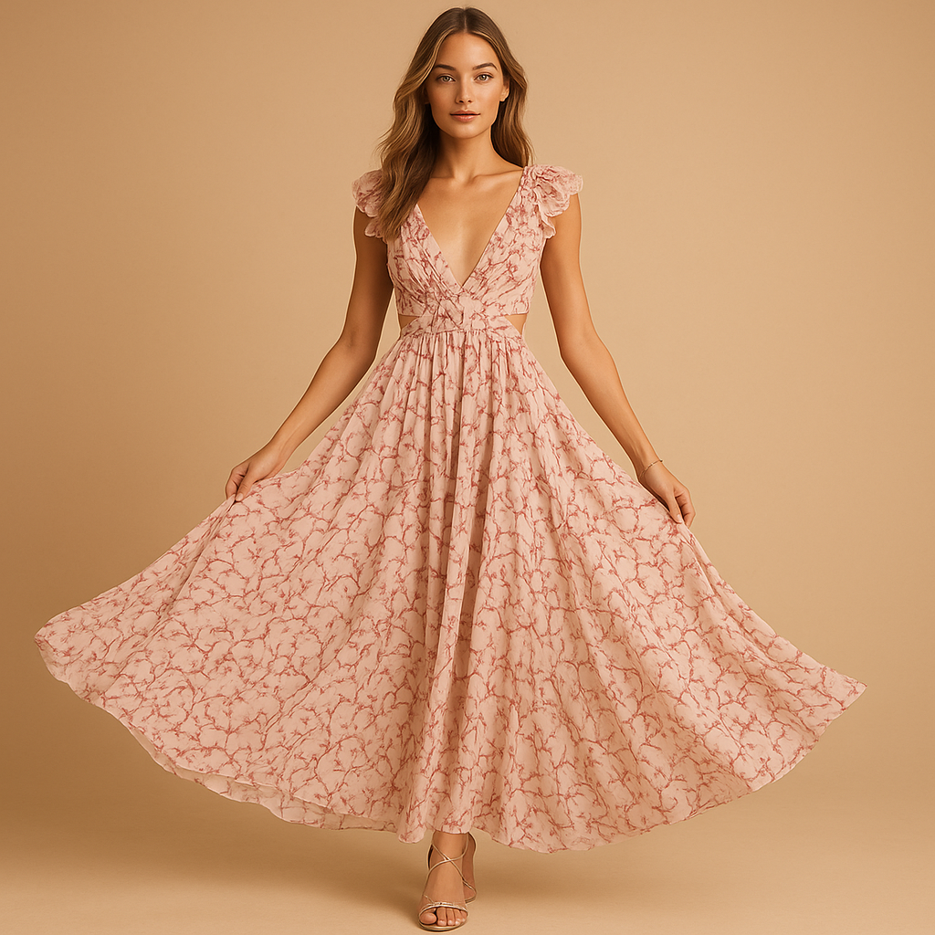 Floral maxi dress for women with ruffles, deep V-neck, high slit, and waist cut-out, perfect for weddings, parties, and summer occasions.