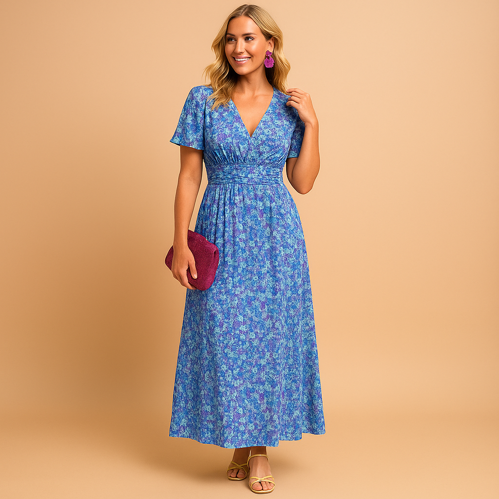 Floral maxi summer dress for women with V-neckline and flowy fit, ideal for warm days, breezy evenings, casual outings, and chic summer occasions.