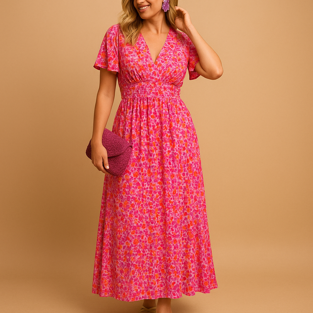 Floral maxi summer dress for women with V-neckline and flowy fit, ideal for warm days, breezy evenings, casual outings, and chic summer occasions.