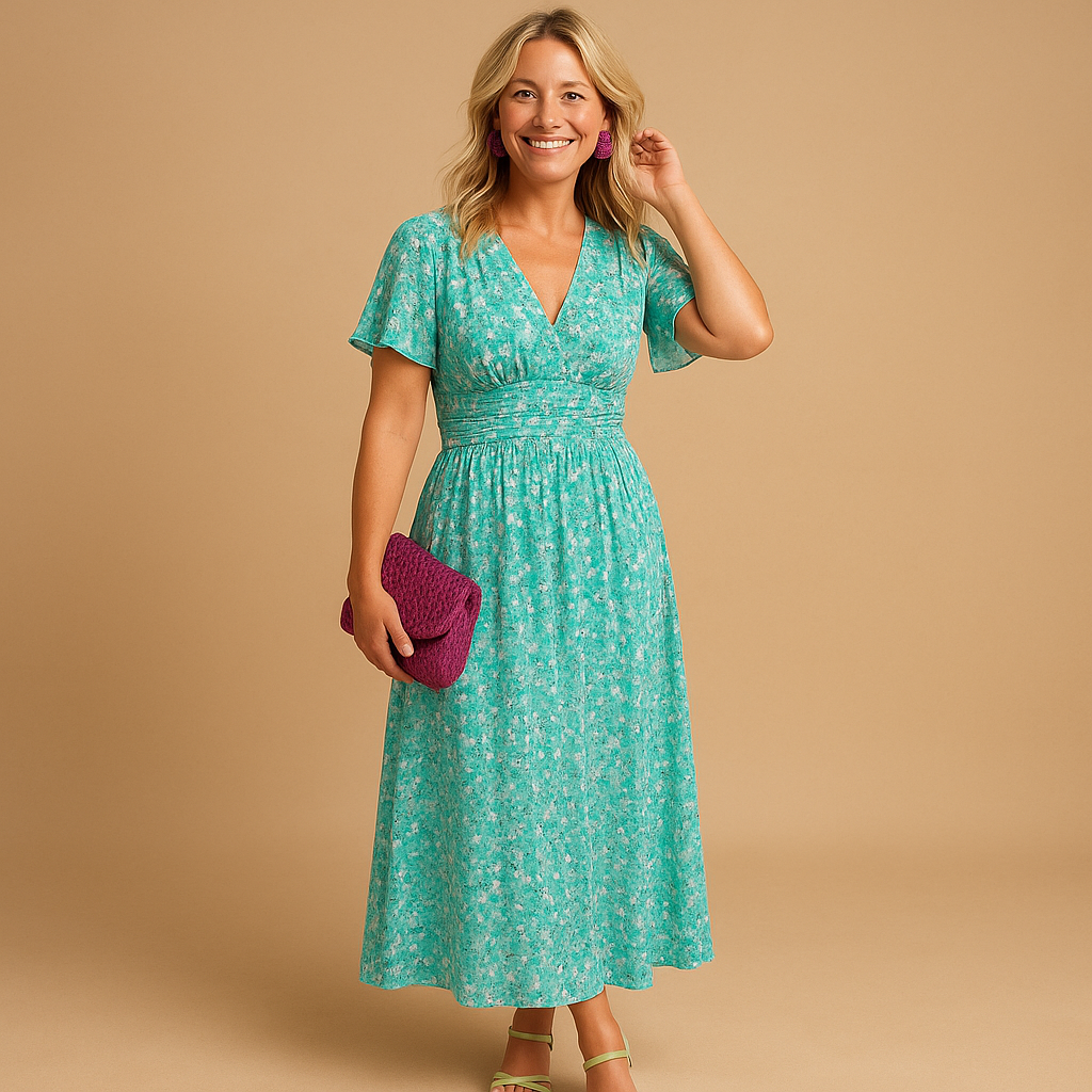 Floral maxi summer dress for women with V-neckline and flowy fit, ideal for warm days, breezy evenings, casual outings, and chic summer occasions.