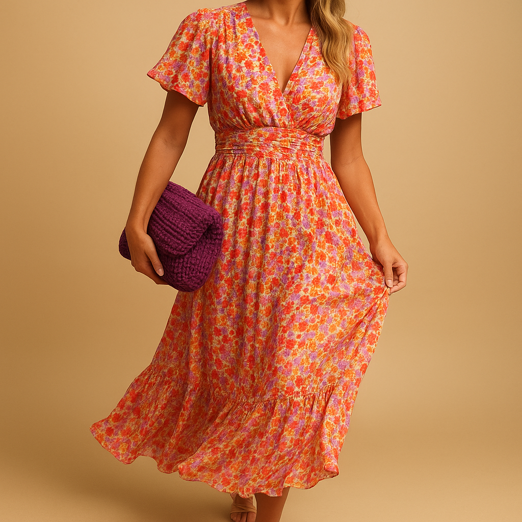 Floral maxi summer dress for women with V-neckline and flowy fit, ideal for warm days, breezy evenings, casual outings, and chic summer occasions.