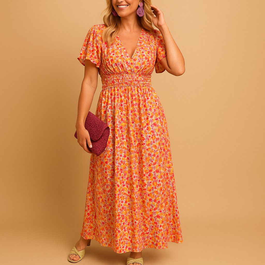 Floral maxi summer dress for women with V-neckline and flowy fit, ideal for warm days, breezy evenings, casual outings, and chic summer occasions.