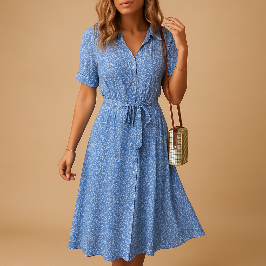 Floral midi dress for women with short sleeves, flattering fit, and breathable fabric. Perfect for summer days, casual outings, and festive occasions.