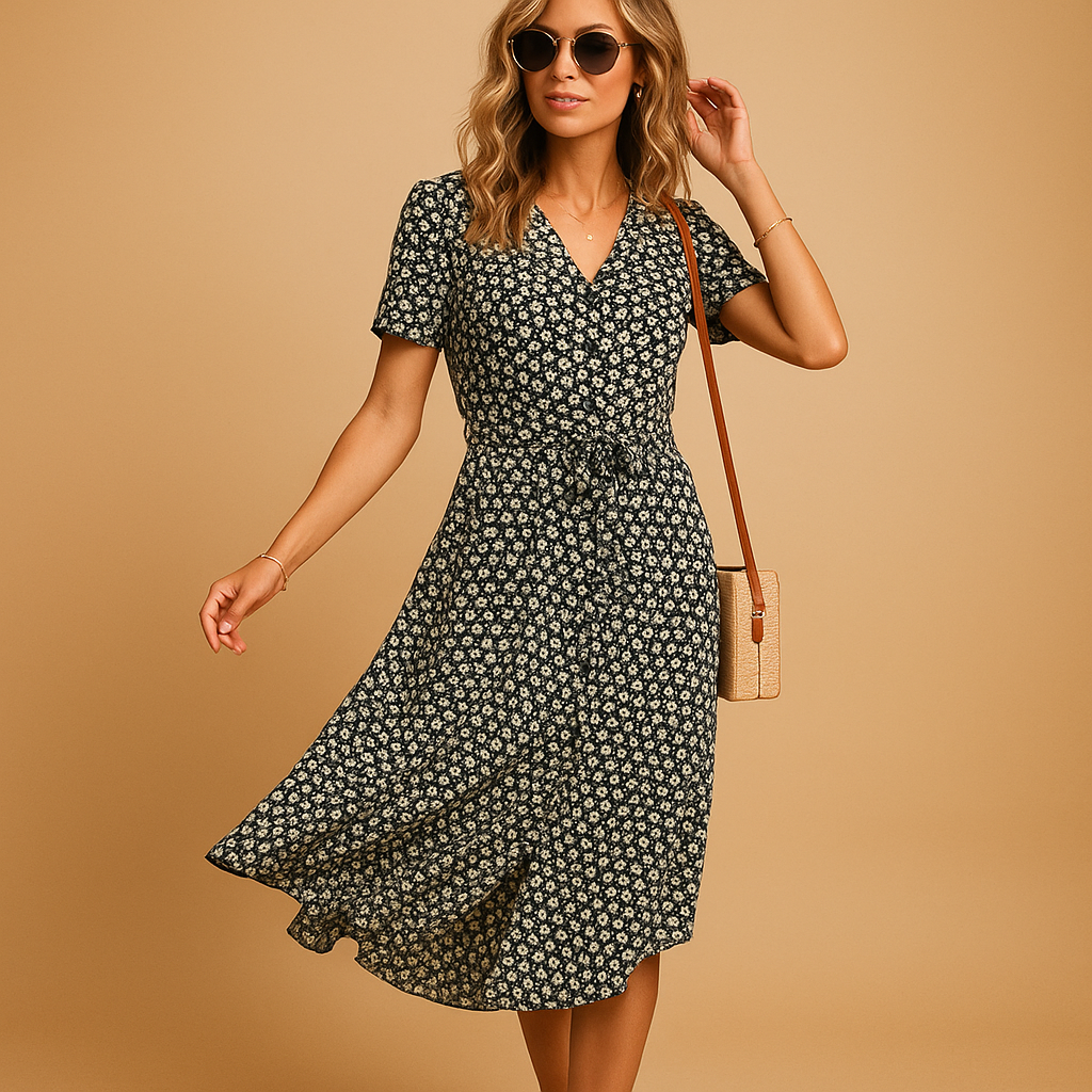 Floral midi dress for women with short sleeves, flattering fit, and breathable fabric. Perfect for summer days, casual outings, and festive occasions.