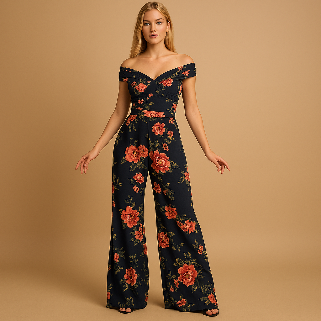 Women’s floral off-shoulder jumpsuit with tailored fit and colorful print. Ideal outfit for weddings, summer parties, and elegant events.