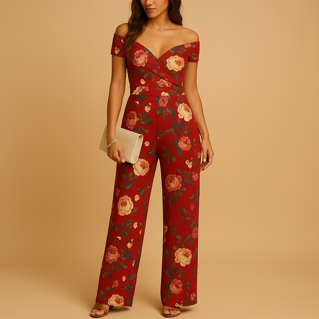 Women’s floral off-shoulder jumpsuit with tailored fit and colorful print. Ideal outfit for weddings, summer parties, and elegant events.