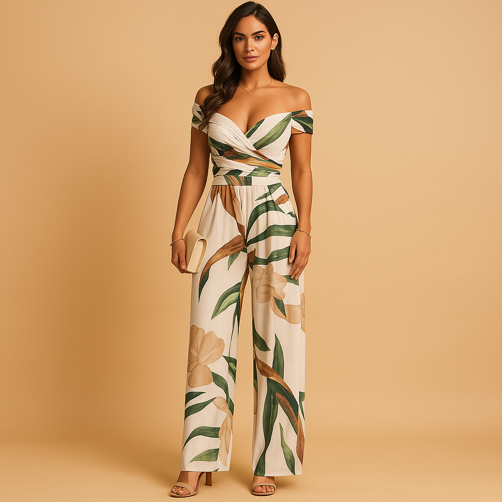 Women’s floral off-shoulder jumpsuit with tailored fit and colorful print. Ideal outfit for weddings, summer parties, and elegant events.