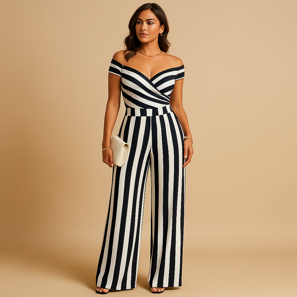 Women’s floral off-shoulder jumpsuit with tailored fit and colorful print. Ideal outfit for weddings, summer parties, and elegant events.