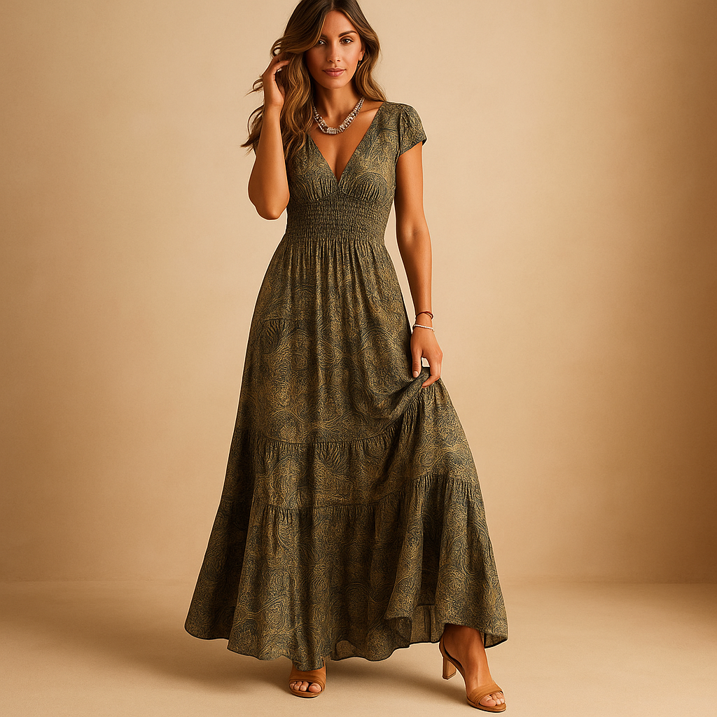 Elegant women’s floral maxi dress with ruffled collar and flattering fit, perfect for parties, dinners, and everyday elegance.