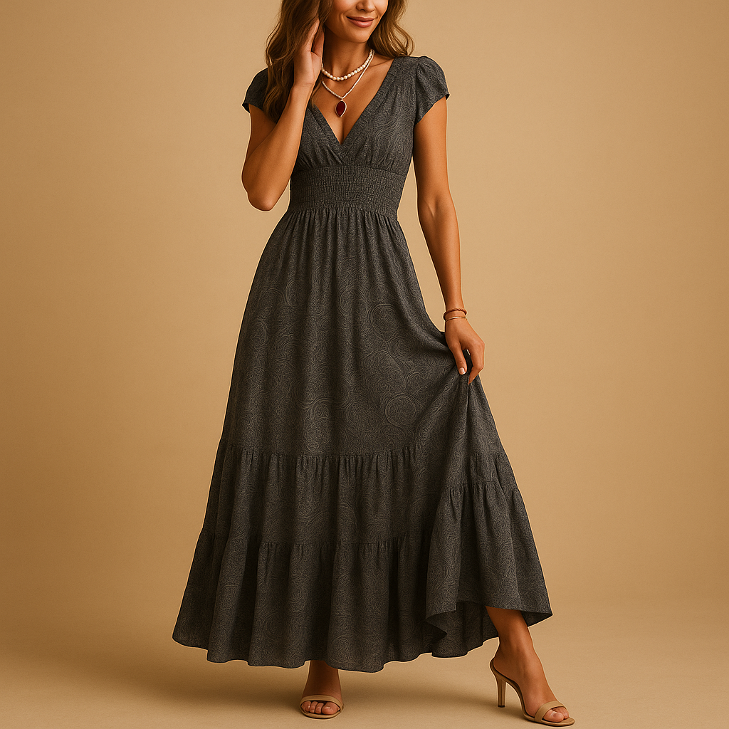 Elegant women’s floral maxi dress with ruffled collar and flattering fit, perfect for parties, dinners, and everyday elegance.