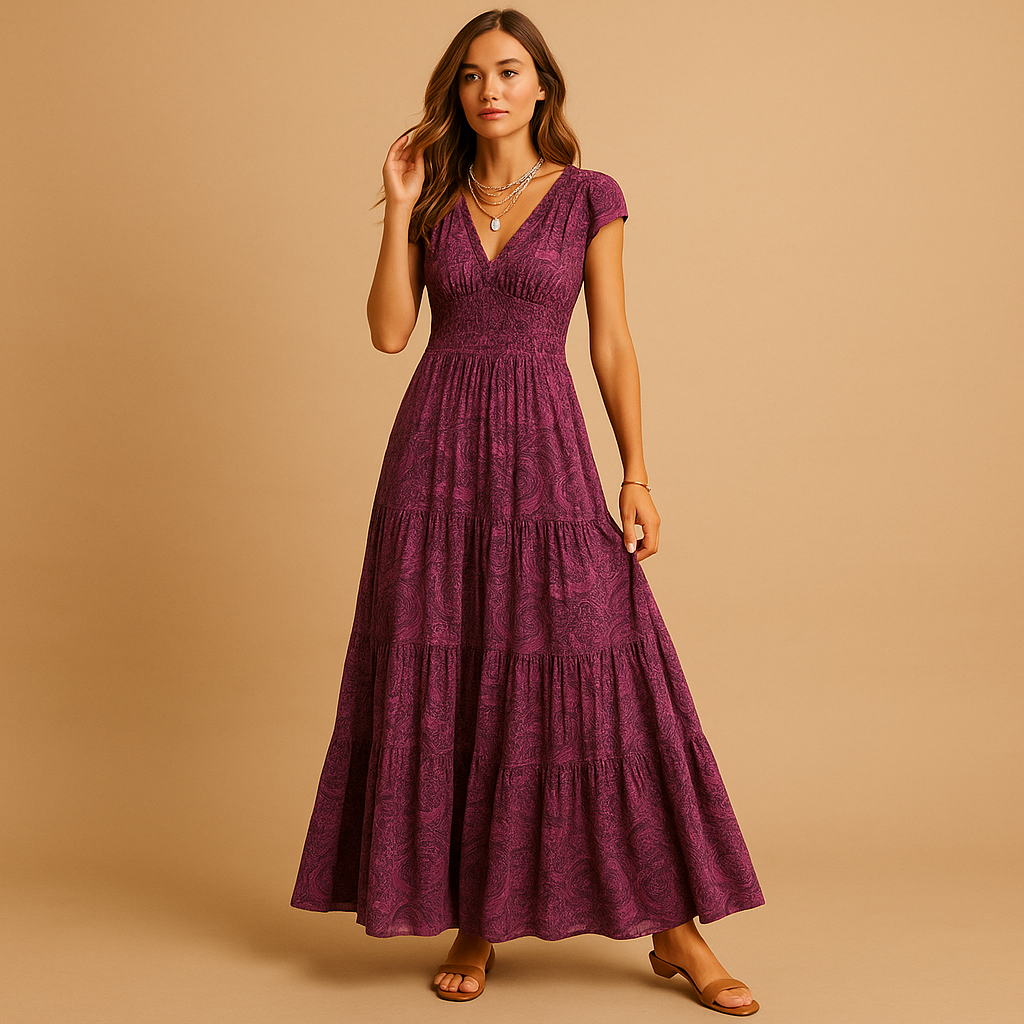 Elegant women’s floral maxi dress with ruffled collar and flattering fit, perfect for parties, dinners, and everyday elegance.
