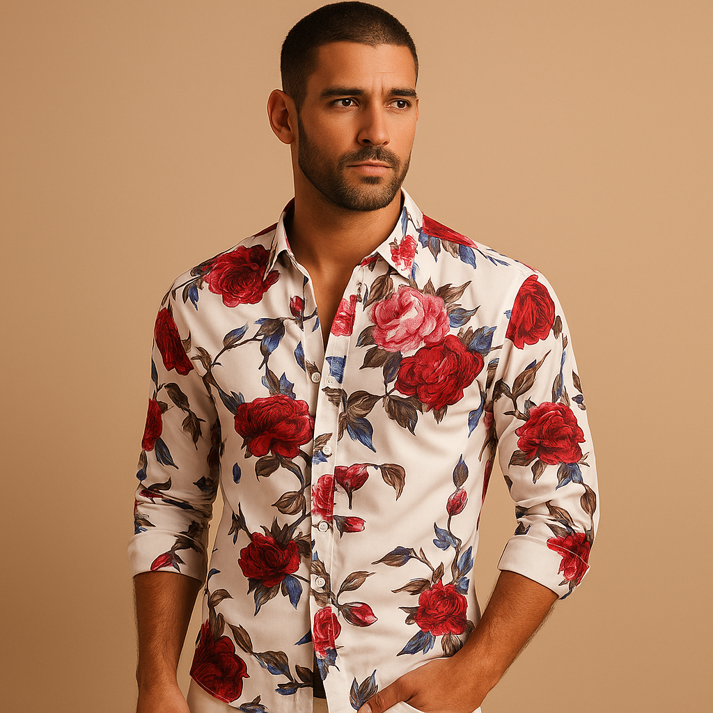 Men’s floral print shirt with modern fit and breathable fabric, available in black, blue, or red, perfect for casual, office, or festive wear.