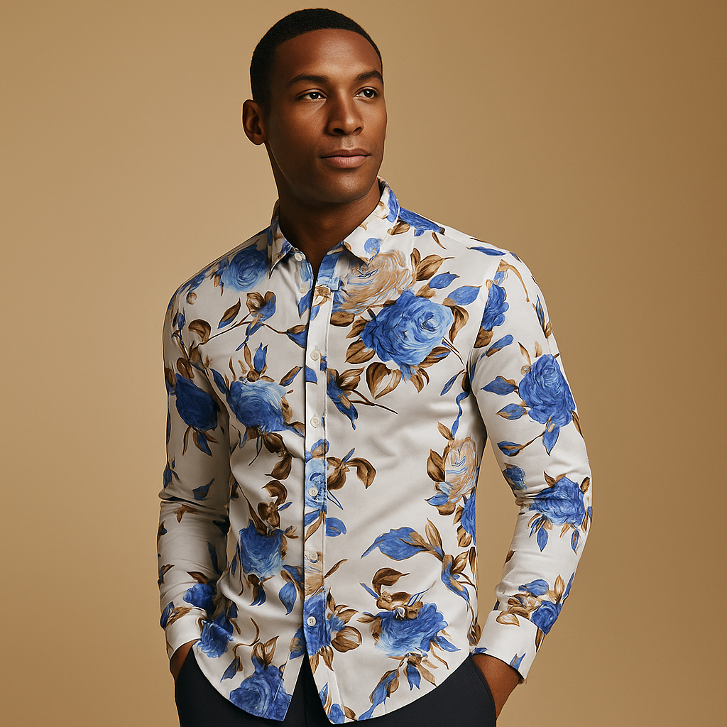 Men’s floral print shirt with modern fit and breathable fabric, available in black, blue, or red, perfect for casual, office, or festive wear.