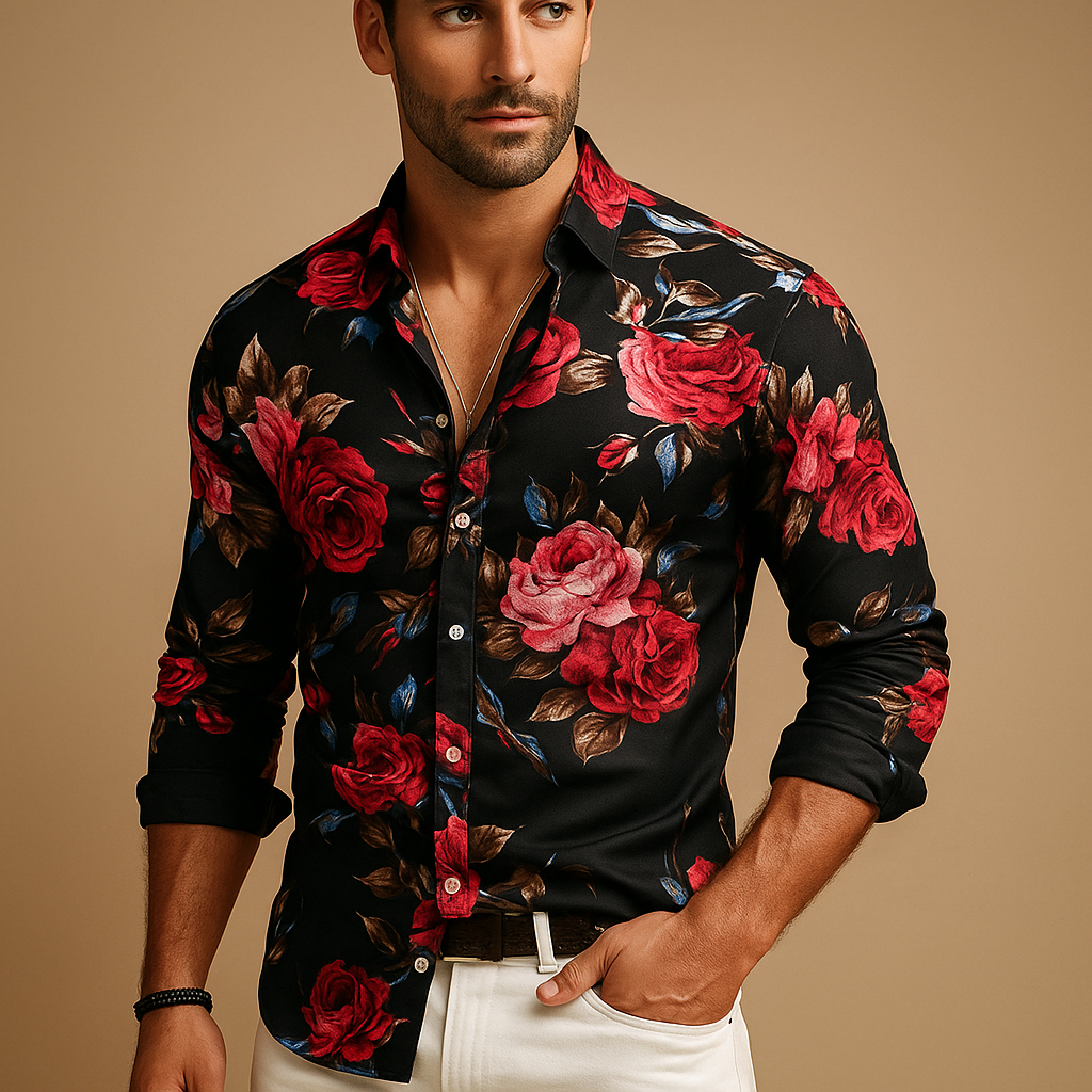 Men’s floral print shirt with modern fit and breathable fabric, available in black, blue, or red, perfect for casual, office, or festive wear.
