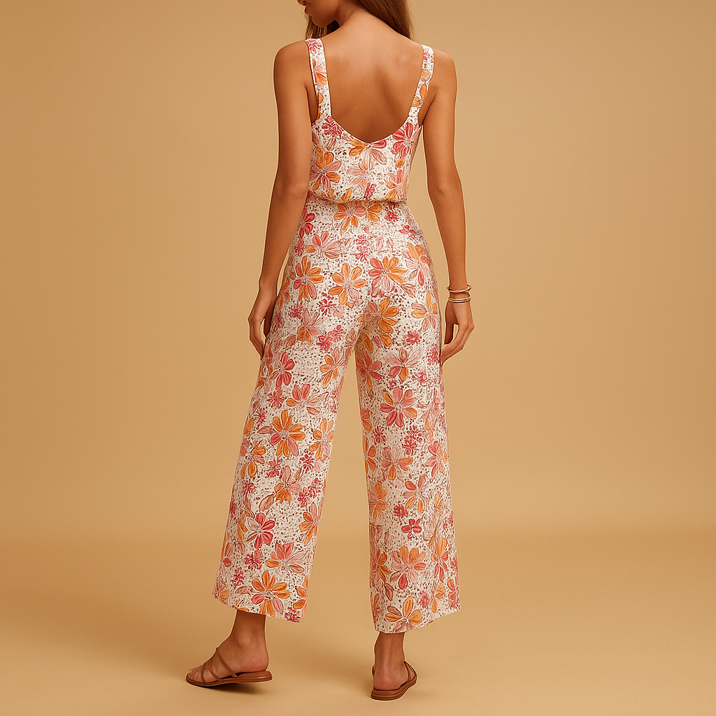 Women’s floral sleeveless jumpsuit with pink flower print, square neckline, and lightweight fit. Perfect for summer days, garden parties, and casual wear.