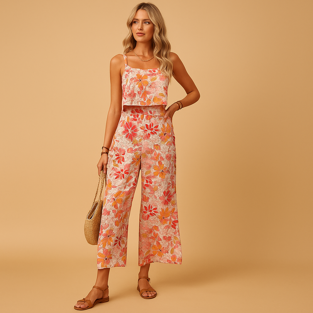 Women’s floral sleeveless jumpsuit with pink flower print, square neckline, and lightweight fit. Perfect for summer days, garden parties, and casual wear.