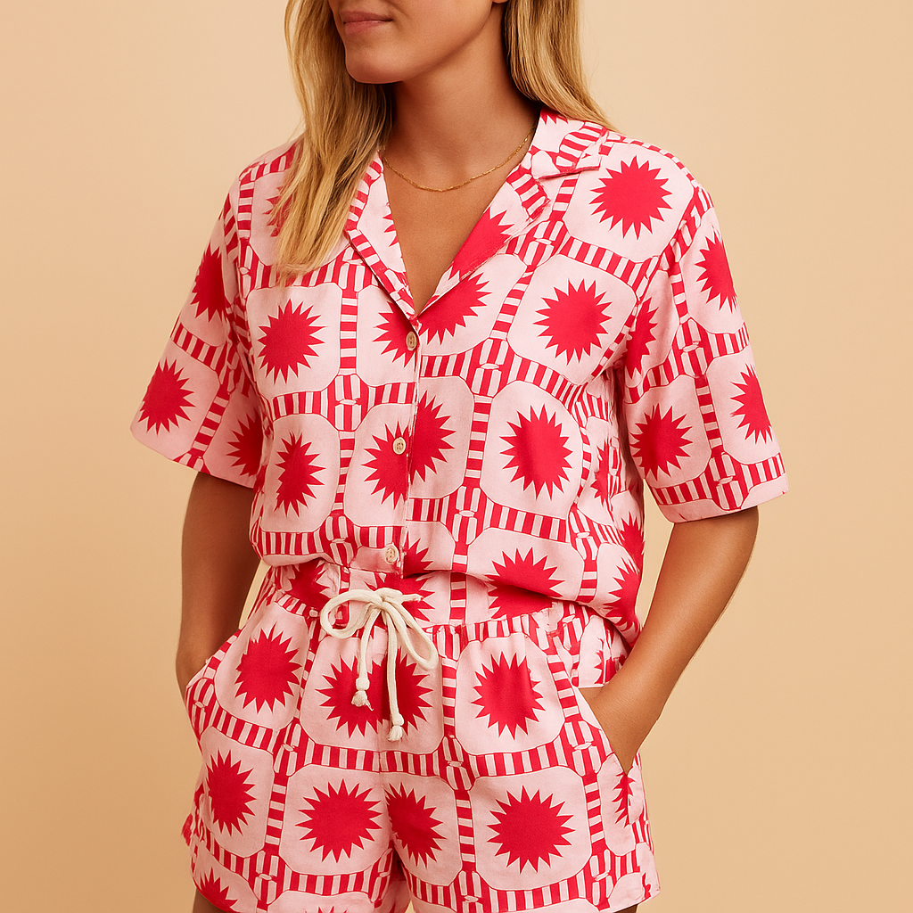 Floral blouse and shorts summer set for women with lightweight fabric and elastic waist, available in beige, blue, light green, and yellow, perfect for summer days.