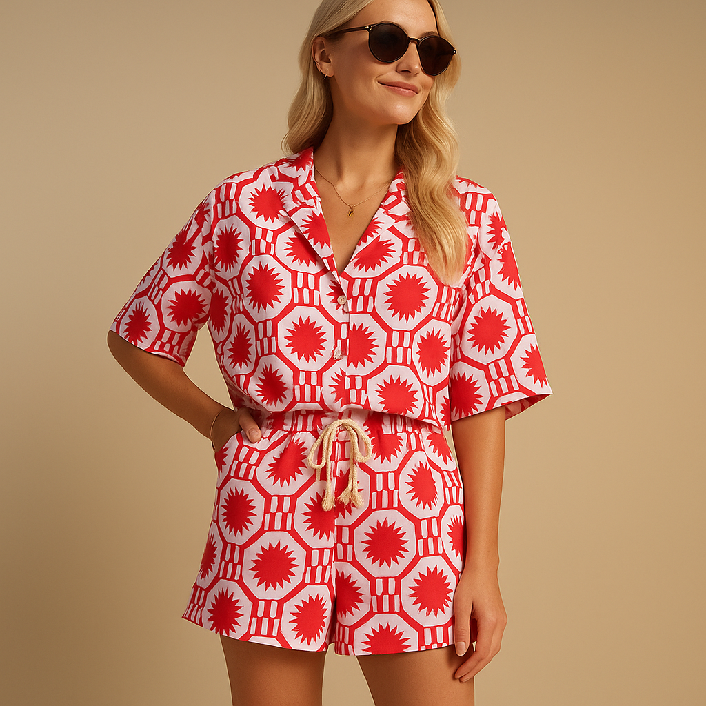 Floral blouse and shorts summer set for women with lightweight fabric and elastic waist, available in beige, blue, light green, and yellow, perfect for summer days.