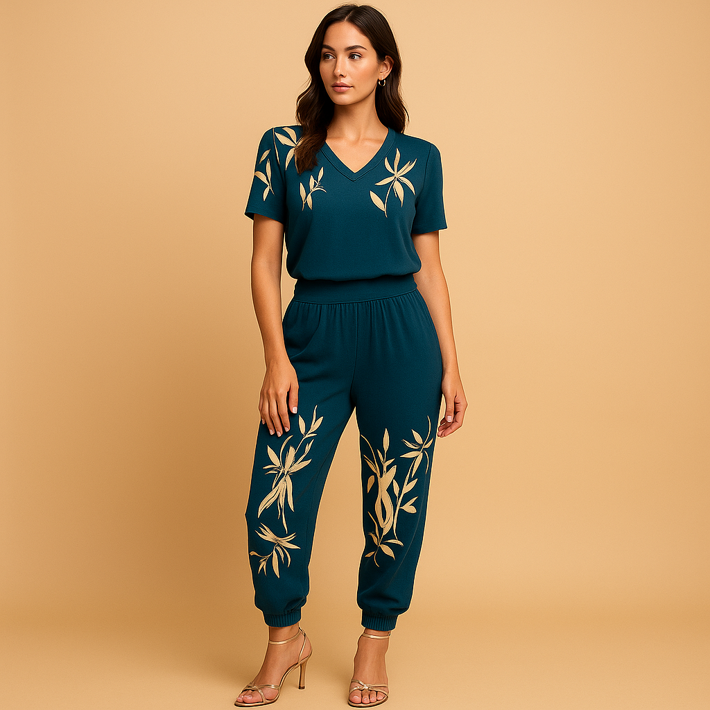 Floral top and pants set for women with breathable fabric and flattering fit, white with multicolor floral print, perfect for casual or daily wear.