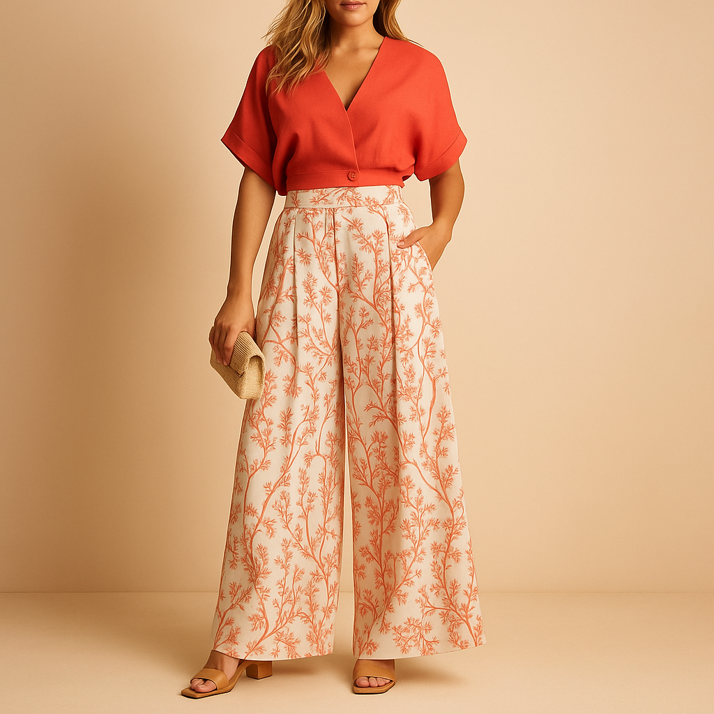 Floral top and wide leg pants summer set for women with breathable fabric and flattering fit, available in white, black, blue, and multicolor floral pattern.