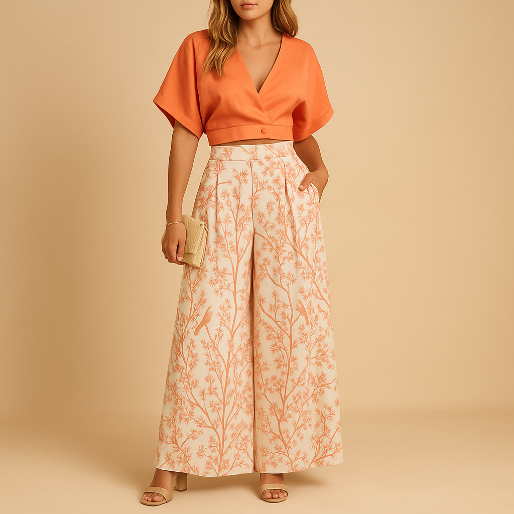 Floral top and wide leg pants summer set for women with breathable fabric and flattering fit, available in white, black, blue, and multicolor floral pattern.