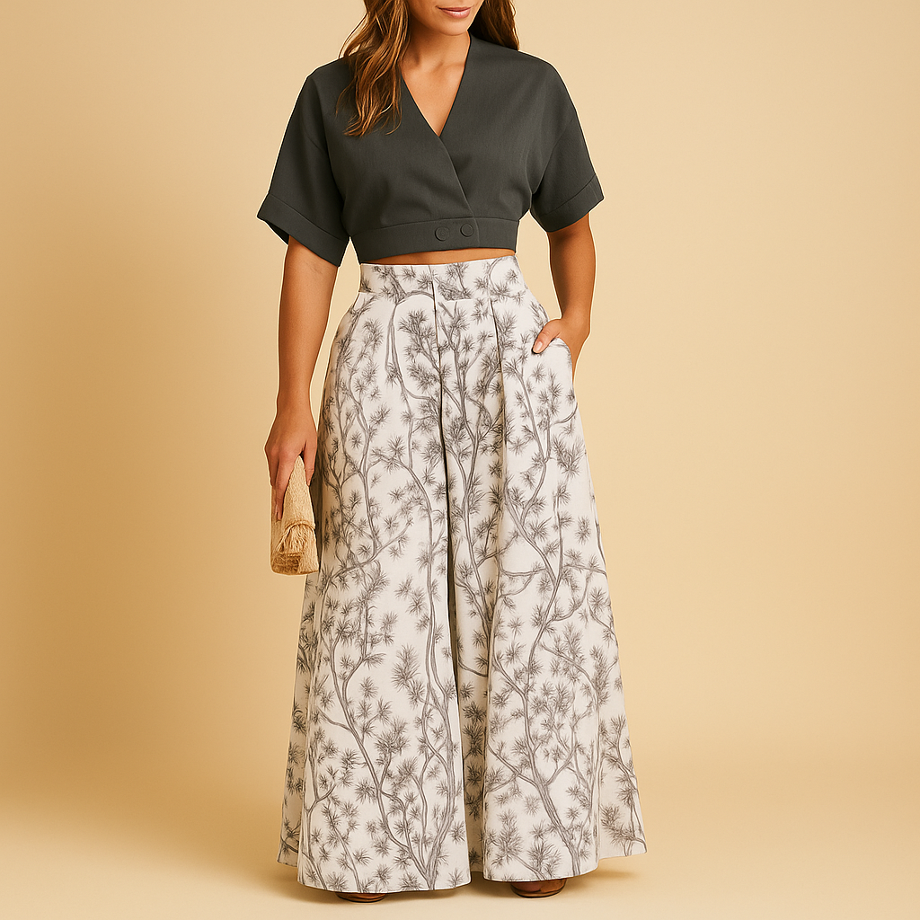 Floral top and wide leg pants summer set for women with breathable fabric and flattering fit, available in white, black, blue, and multicolor floral pattern.