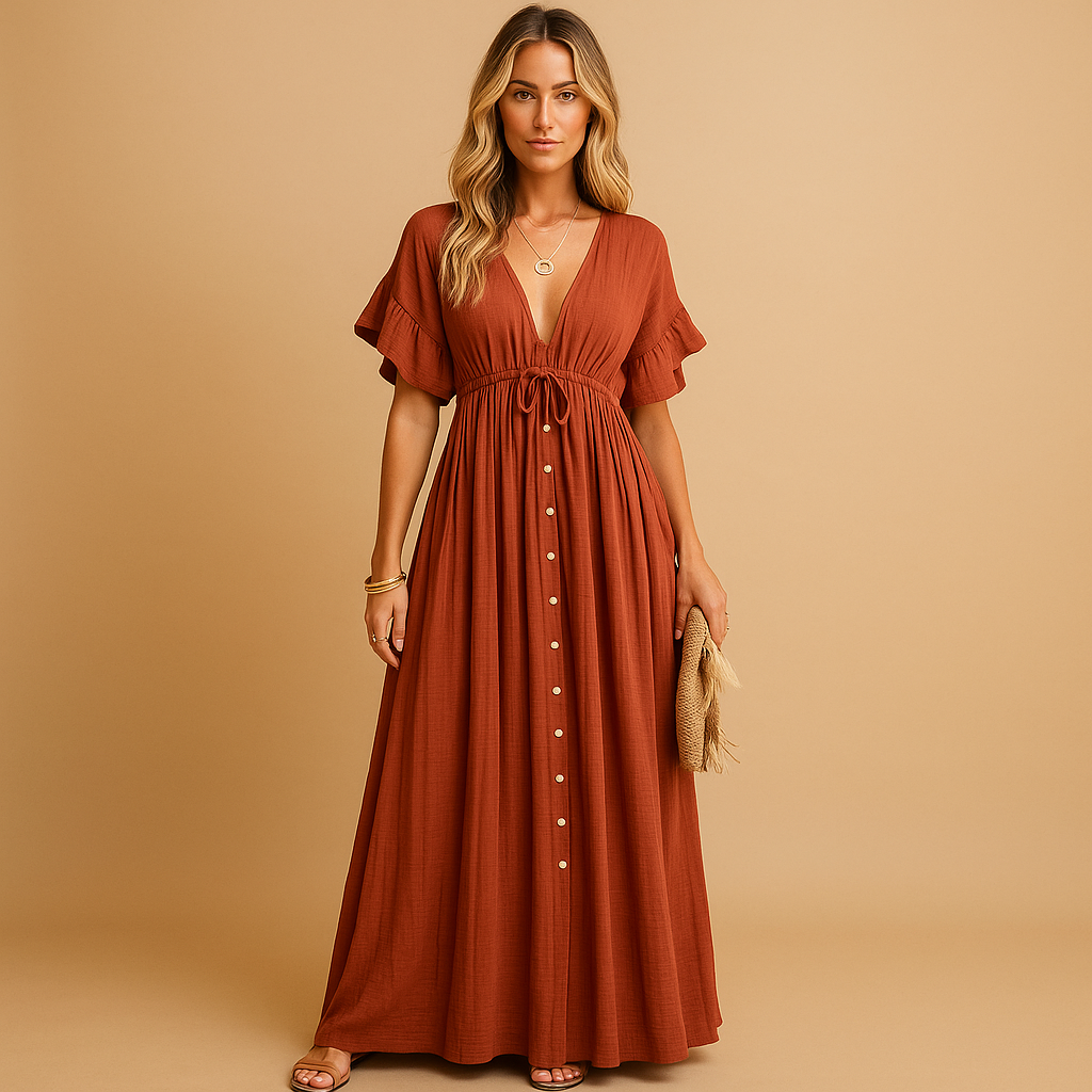 Flowy beach dress for women in soft orange cotton blend, perfect for wearing over swimwear or for a relaxed summer look.