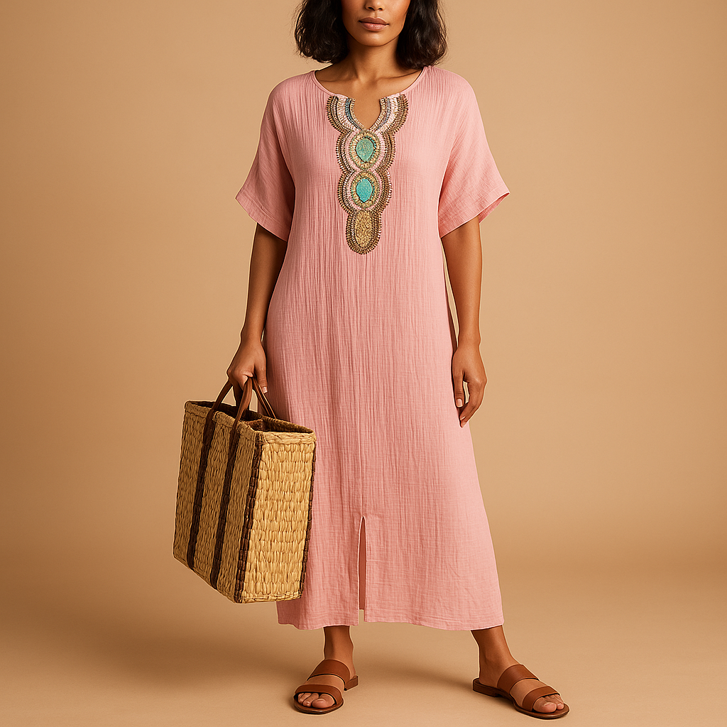 Flowy kaftan dress for women in lightweight fabric with a loose fit, ideal for summer days, beaches, and versatile styling.
