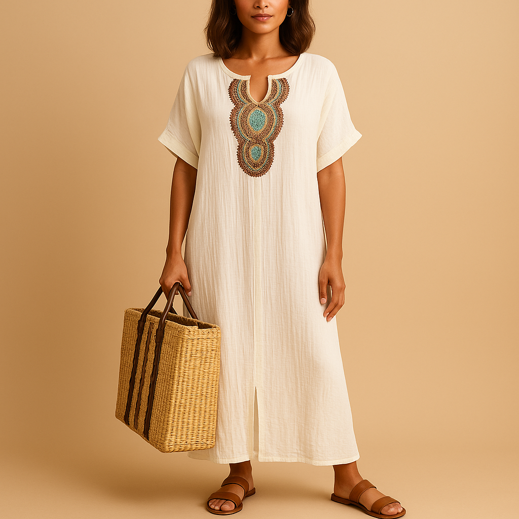 Flowy kaftan dress for women in lightweight fabric with a loose fit, ideal for summer days, beaches, and versatile styling.