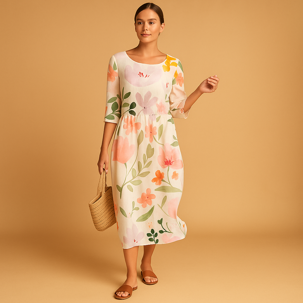 Flowy midi dress for women with lightweight, breathable fabric and feminine silhouette, perfect for casual days and elegant events.