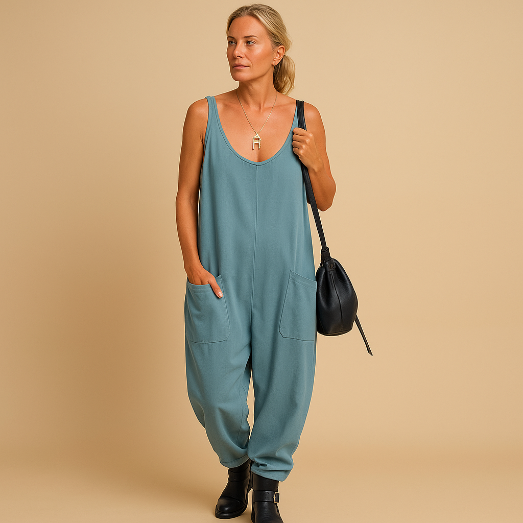 Women’s flowy summer jumpsuit with loose fit and lightweight fabric, available in multiple vibrant colors, perfect for casual and warm weather wear.