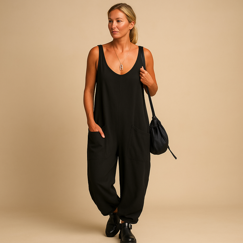 Women’s flowy summer jumpsuit with loose fit and lightweight fabric, available in multiple vibrant colors, perfect for casual and warm weather wear.