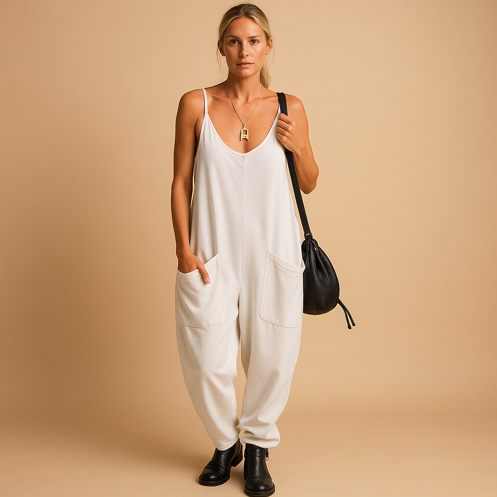 Women’s flowy summer jumpsuit with loose fit and lightweight fabric, available in multiple vibrant colors, perfect for casual and warm weather wear.
