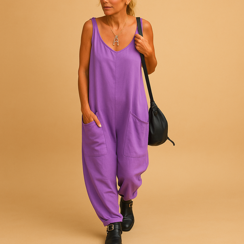 Women’s flowy summer jumpsuit with loose fit and lightweight fabric, available in multiple vibrant colors, perfect for casual and warm weather wear.