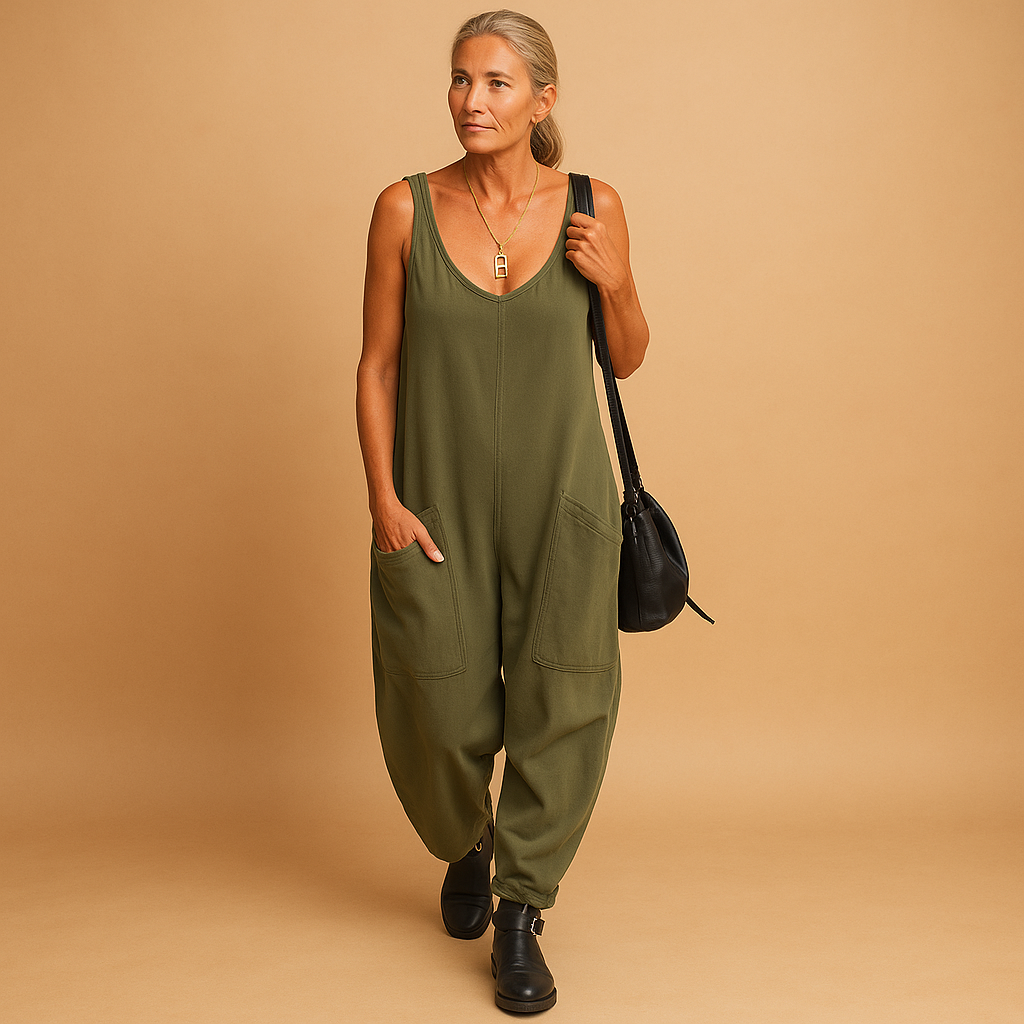 Women’s flowy summer jumpsuit with loose fit and lightweight fabric, available in multiple vibrant colors, perfect for casual and warm weather wear.