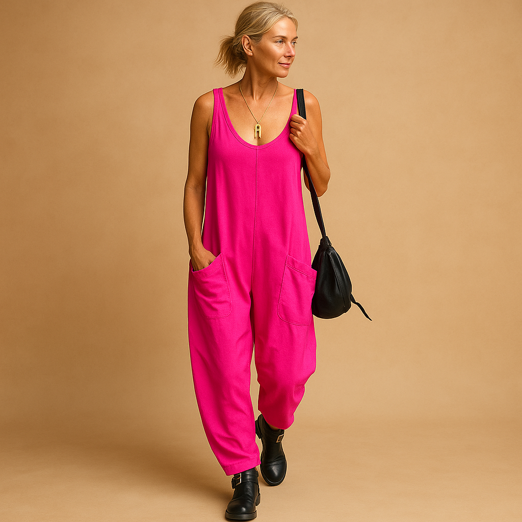 Women’s flowy summer jumpsuit with loose fit and lightweight fabric, available in multiple vibrant colors, perfect for casual and warm weather wear.