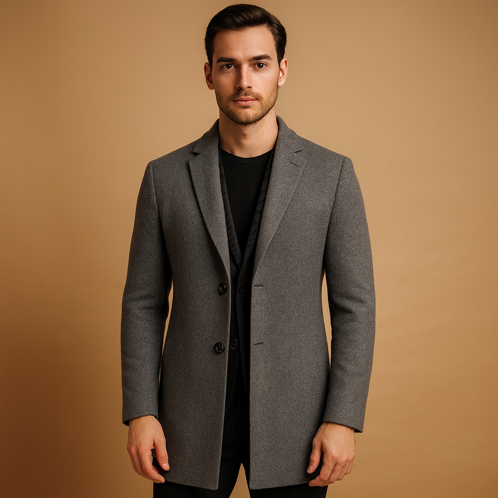 Men’s formal long winter coat with modern cut, warm and wind-resistant, perfect for autumn, winter, business wear, and formal occasions.