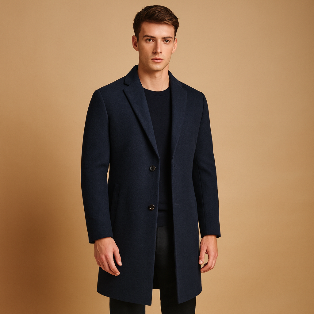 Men’s formal long winter coat with modern cut, warm and wind-resistant, perfect for autumn, winter, business wear, and formal occasions.