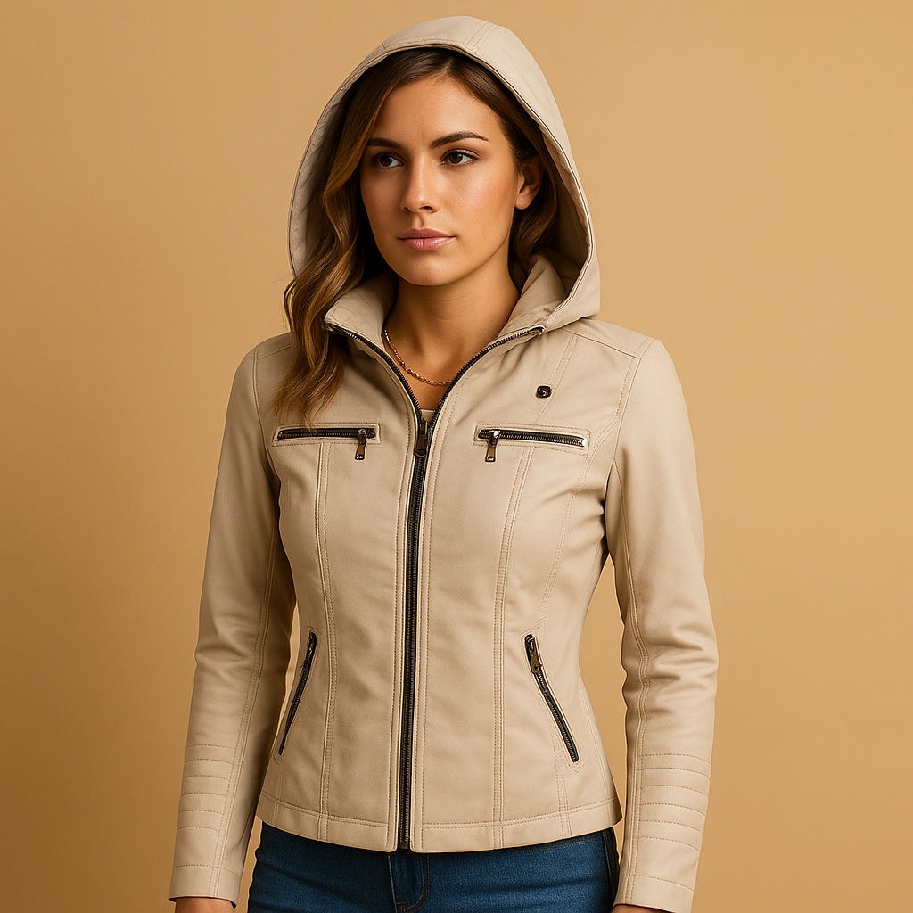 Genuine leather biker jacket for women with flattering fit, durable zipper, and versatile design, perfect for casual or chic layered outfits.