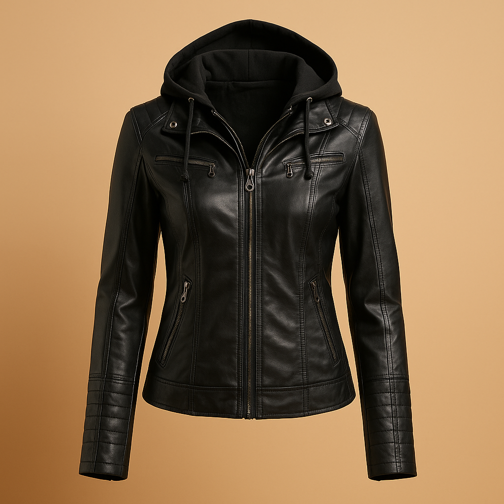 Genuine leather biker jacket for women with flattering fit, durable zipper, and versatile design, perfect for casual or chic layered outfits.