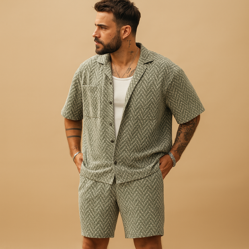 Stylish men’s summer set with geometric print shirt and matching shorts, perfect for casual days, vacations, and warm weather.