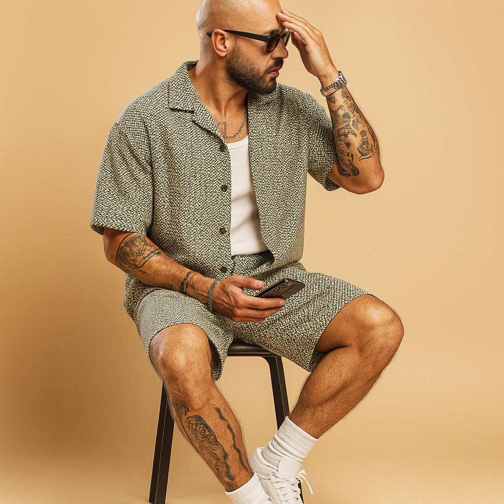 Stylish men’s summer set with geometric print shirt and matching shorts, perfect for casual days, vacations, and warm weather.