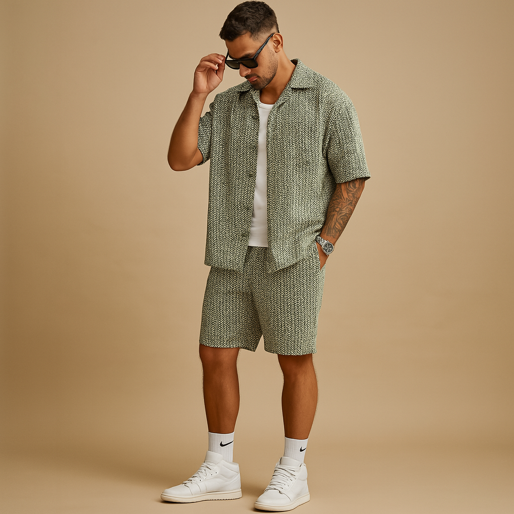 Stylish men’s summer set with geometric print shirt and matching shorts, perfect for casual days, vacations, and warm weather.