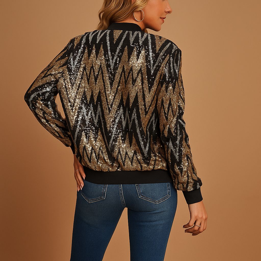 Gold statement coat for women with tailored fit, structured design, collar, and pockets, perfect for parties, semi-formal events, or stylish daily wear.