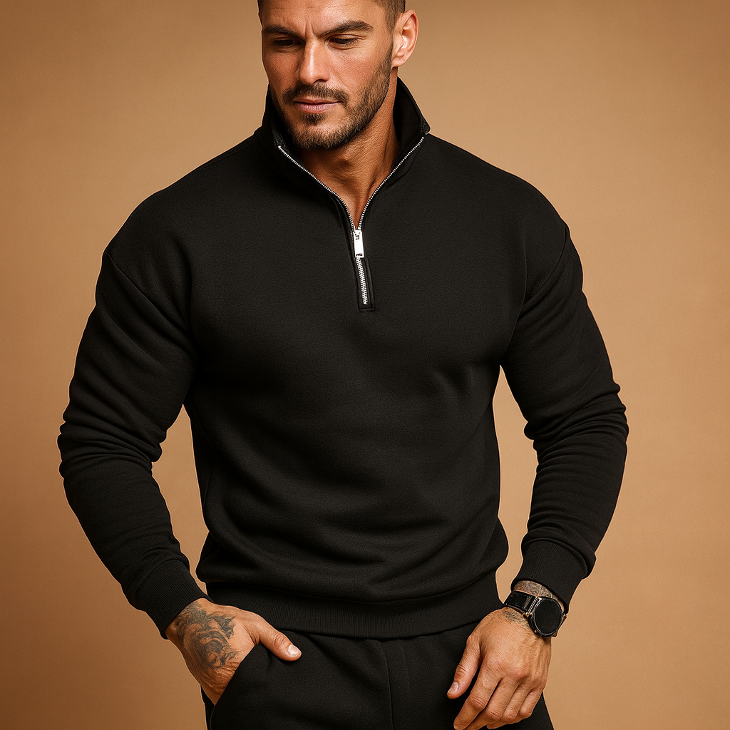 Men’s half zip sweater with soft fabric, comfortable fit, and modern design, ideal for casual or formal autumn and winter outfits.